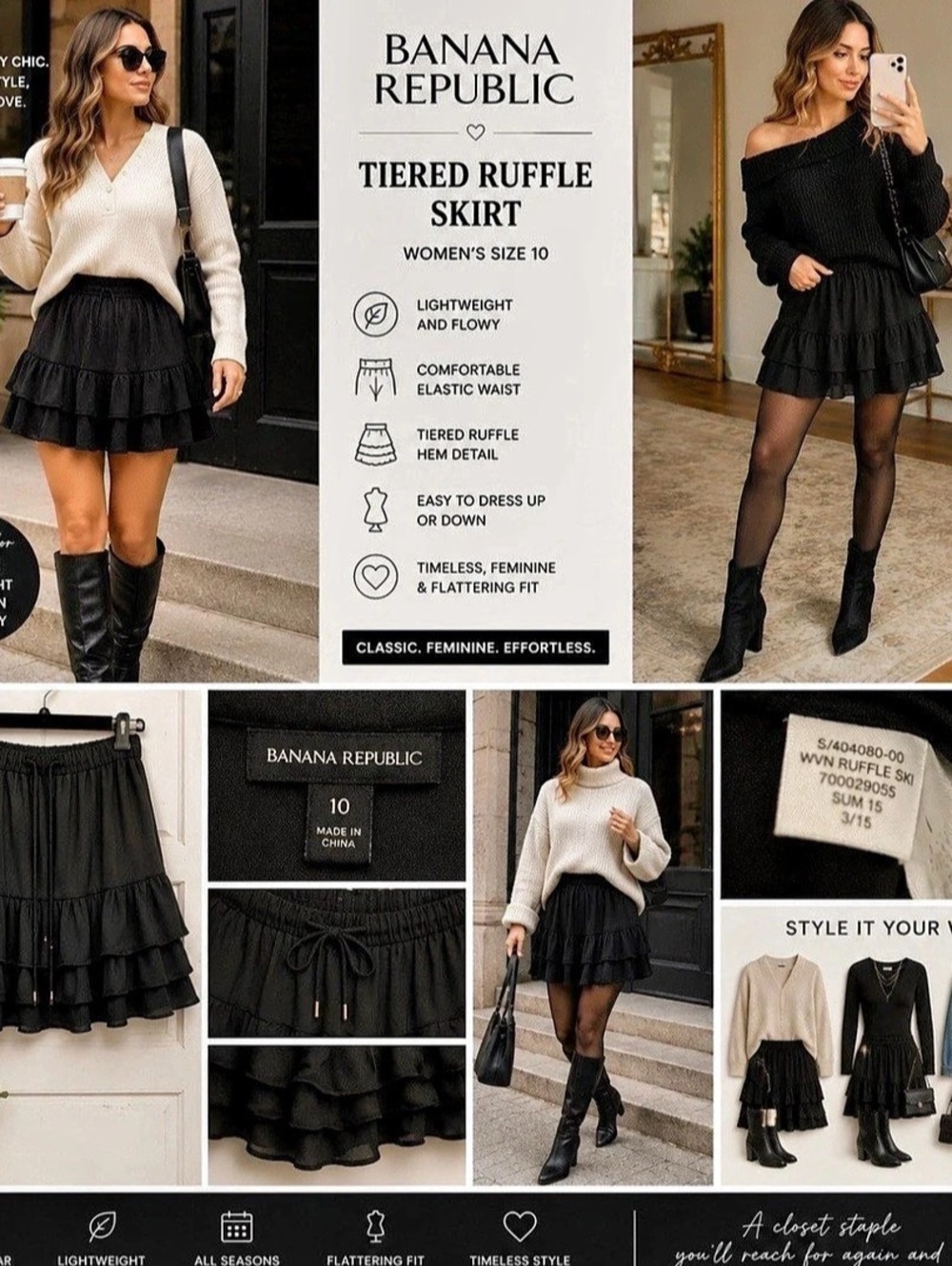 Banana Republic Ruffle Mini Skirt Size 10 Black Elastic Tiered Y2K Boho Coquette